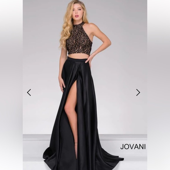 Jovani black/nude Black Two-Piece A-line High Slit Prom Dress 41499 size 0 NWT - Picture 1 of 6